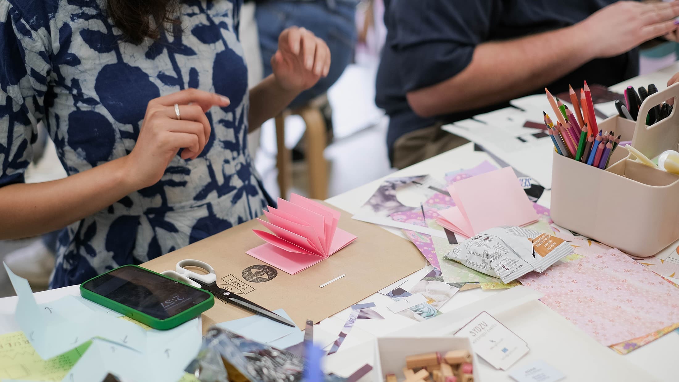 A workshop table mid-session at the first School of Zines workshop